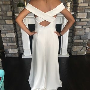 dessy collection off the shoulder crepe gown
